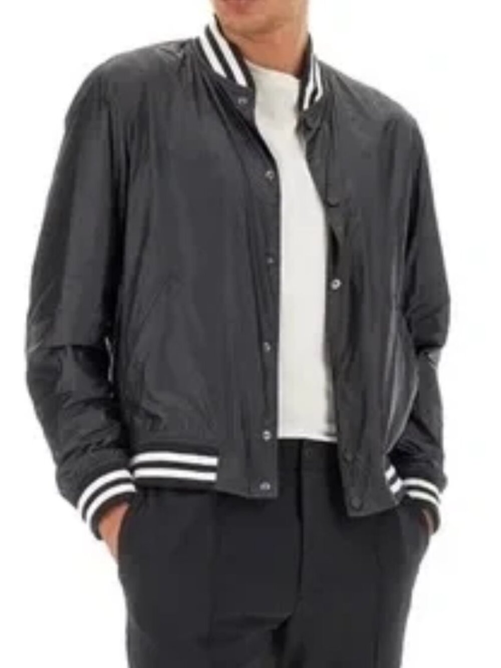 THEORY Varsity Bomber Jacket Black White Nylon Sz XL NWT